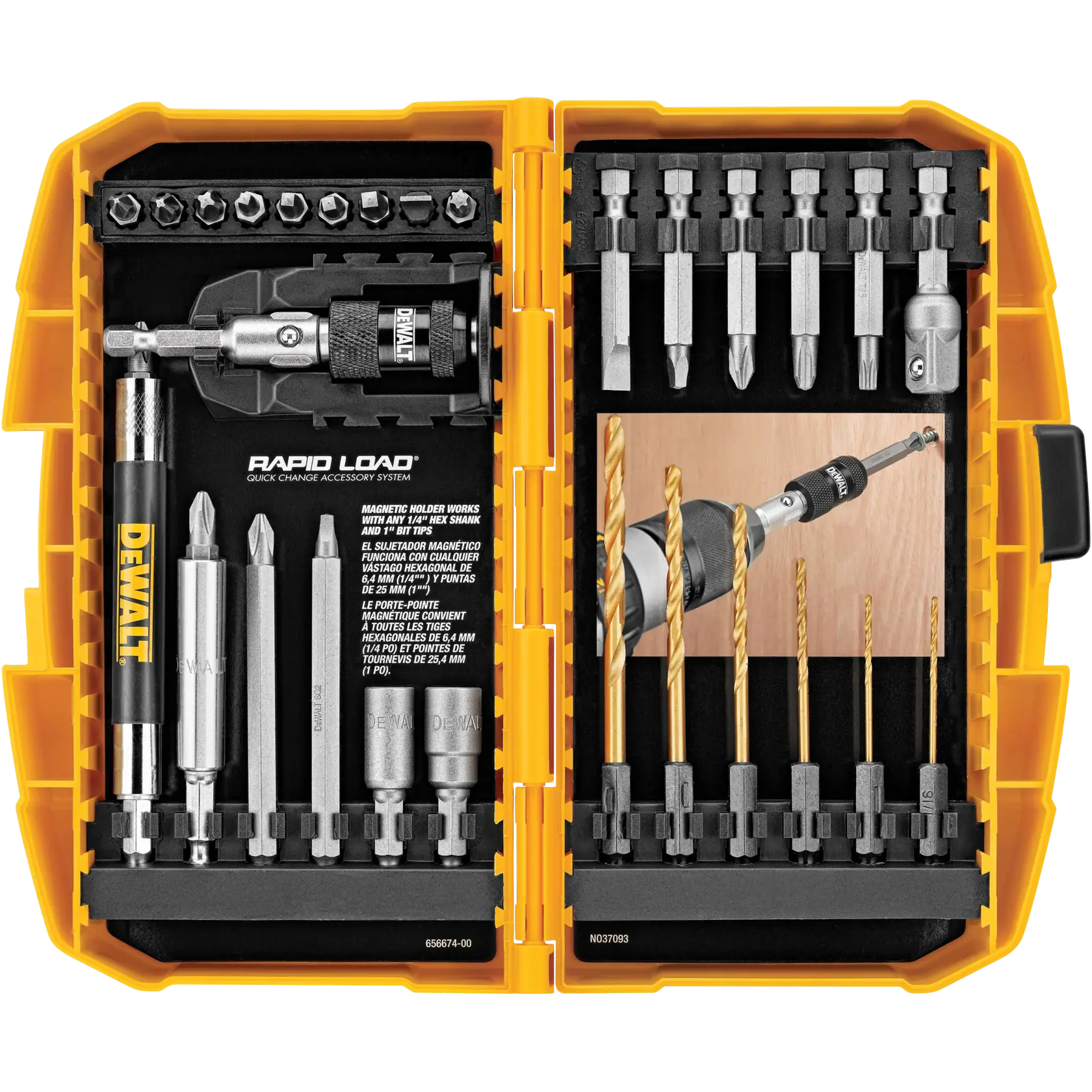 A DEWALT branded yellow plastic case containing a variety of screwdriver bits, drill bits, a bit holder, and accessories neatly organized into compartments. The product is part of the Rapid Load quick change accessory system.