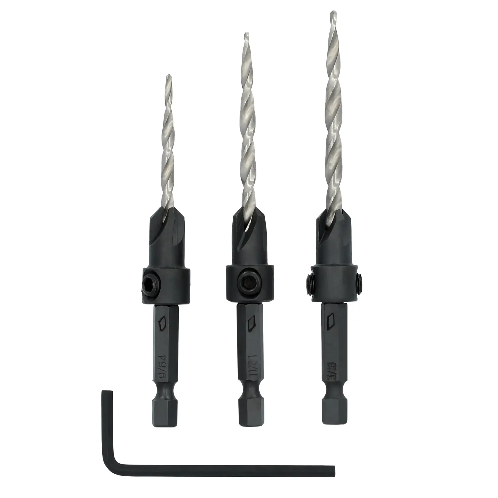 Three DEWALT drill bits with hex shanks and adjustable countersinks, accompanied by an L-shaped hex key. The drill bits are shown upright side by side with the hex key below.