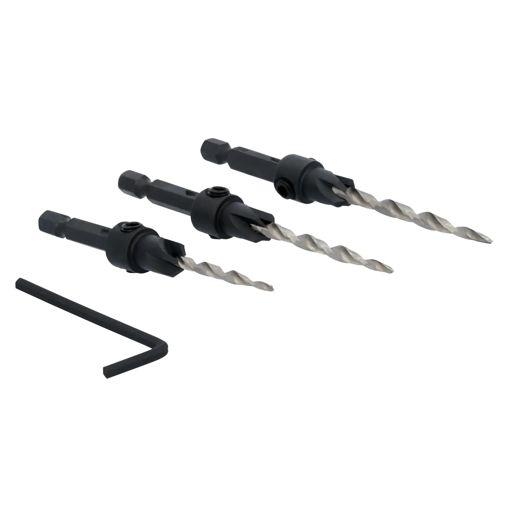 Three DEWALT drill bits with countersink attachments and a hex key tool, arranged on a white background.