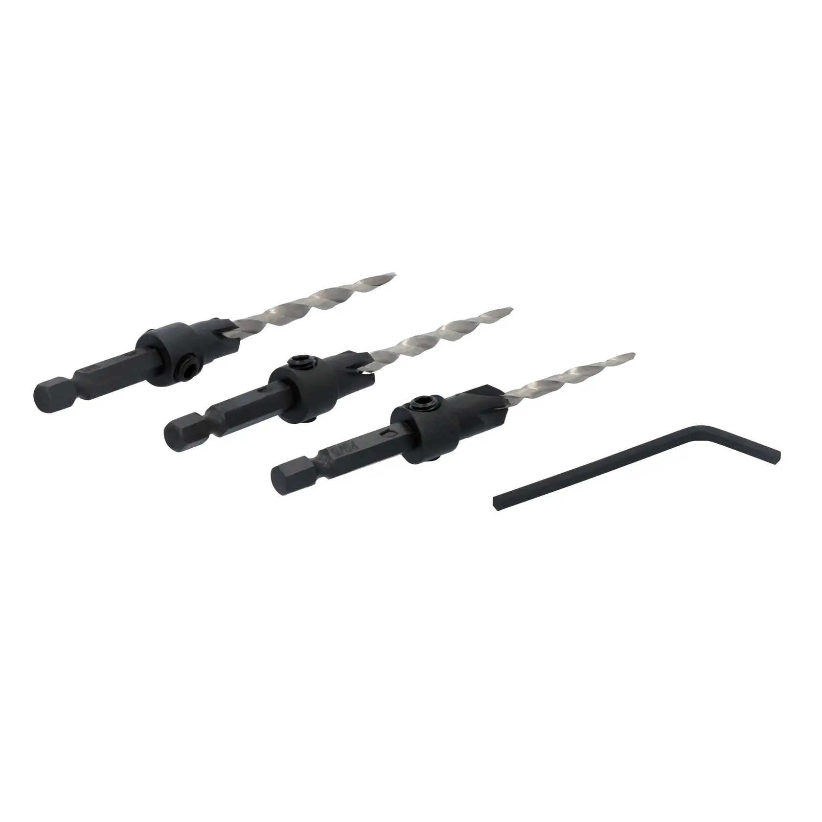 A product image showing three DEWALT drill bits with hex shanks and countersink attachments, along with a hex key. The drill bits are arranged parallel to each other and the hex key is placed to the right.