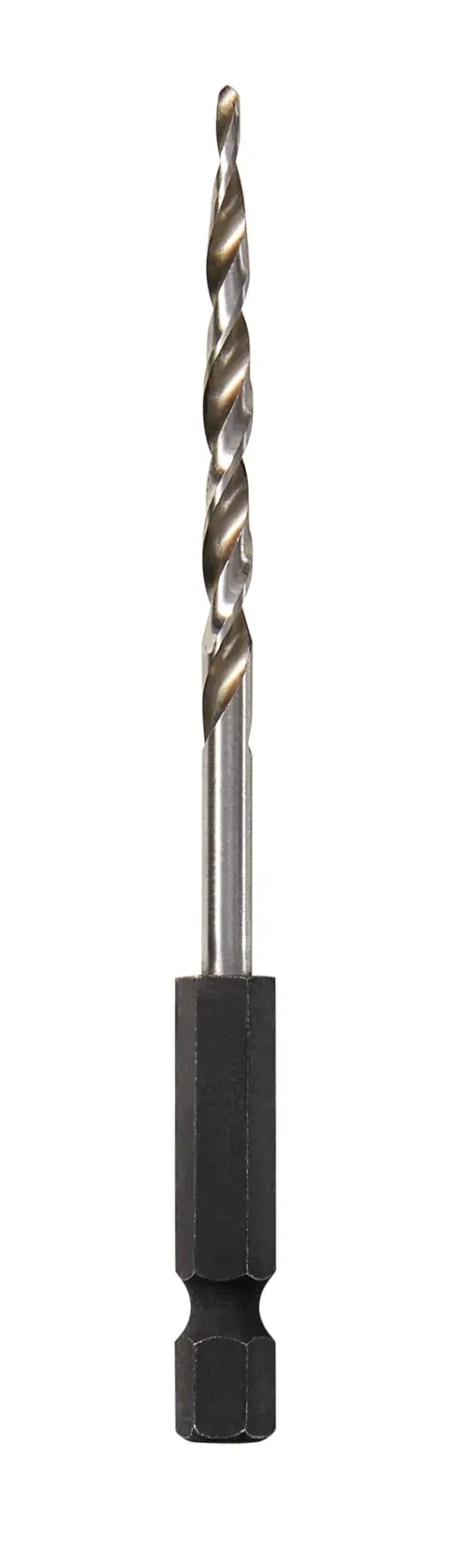 A DEWALT DW2537 hex shank drill bit, shown standing vertically against a white background. The drill bit features a black hexagonal base and a metallic twisted shaft.