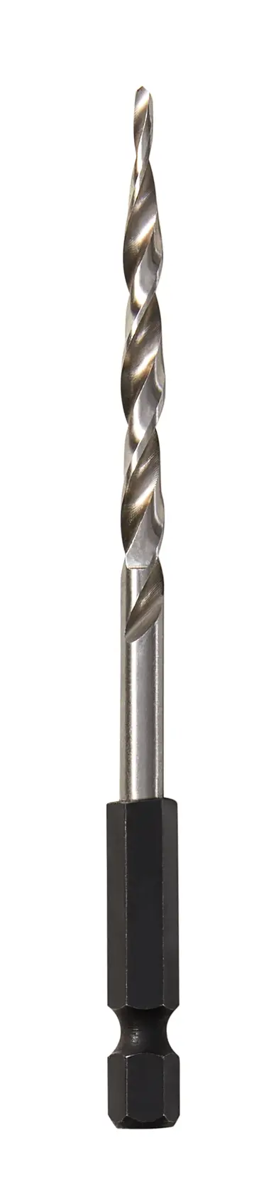 A single metal drill bit with a hex shank, designed for use with power tools, photographed against a plain white background.