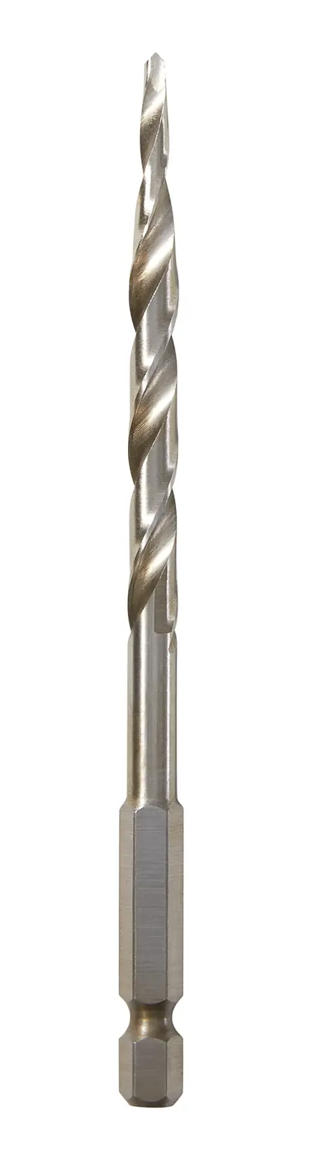 A single metal drill bit with a hex shank, shown upright against a white background.