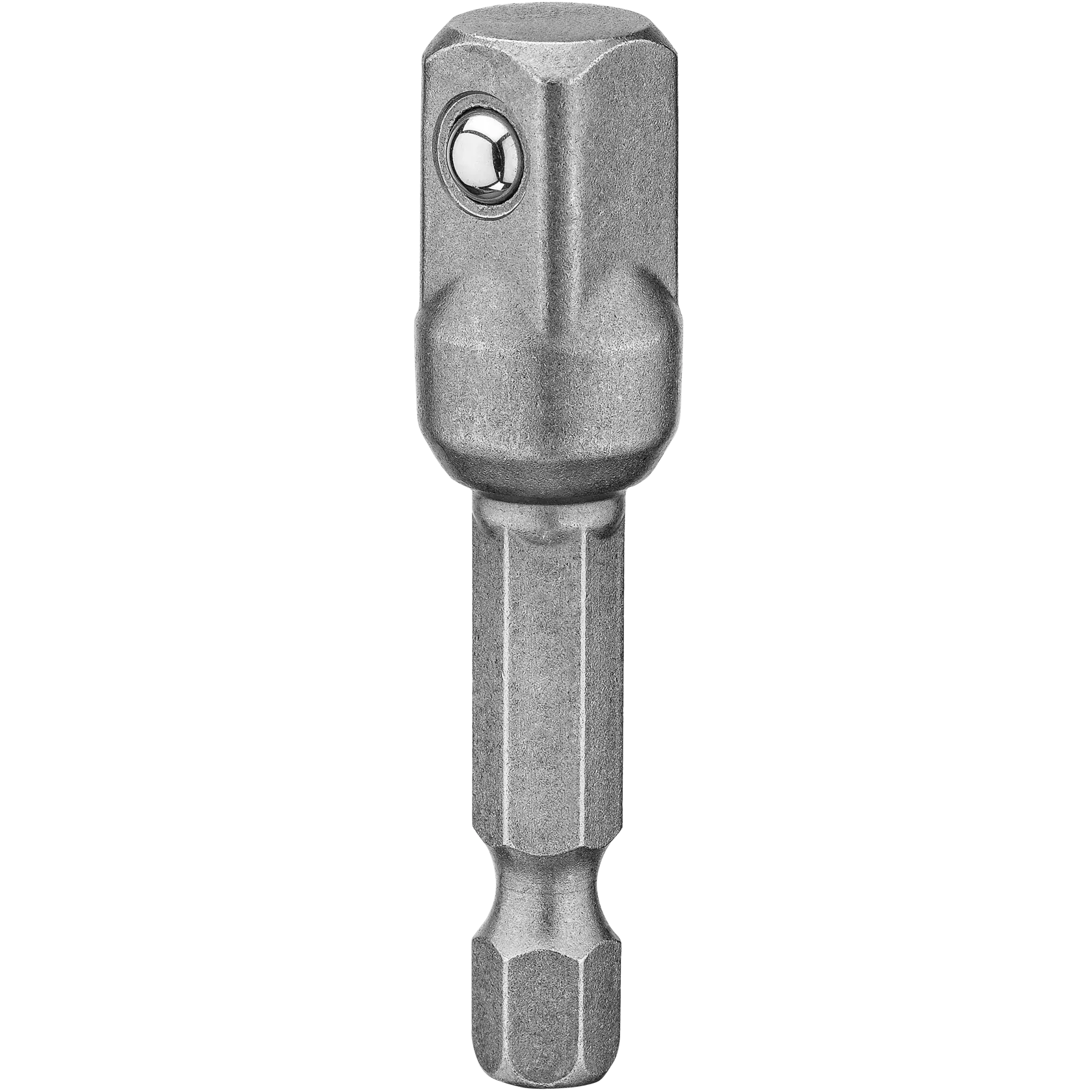 A close-up view of a DEWALT metal socket adapter with a hex shank, used for connecting drill bits to sockets.