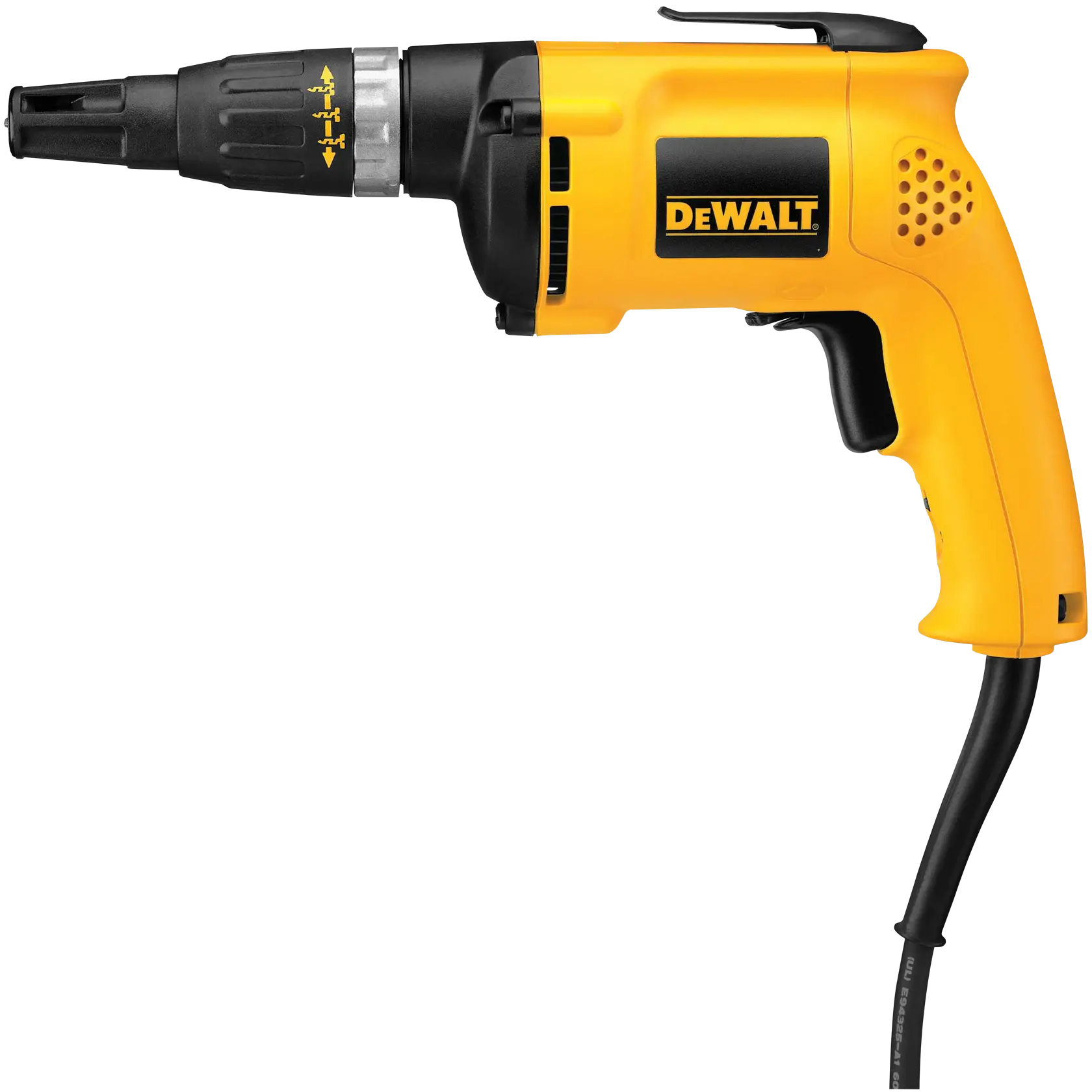 A yellow and black DEWALT electric screwdriver with a cord, model DW255, shown on a white background.