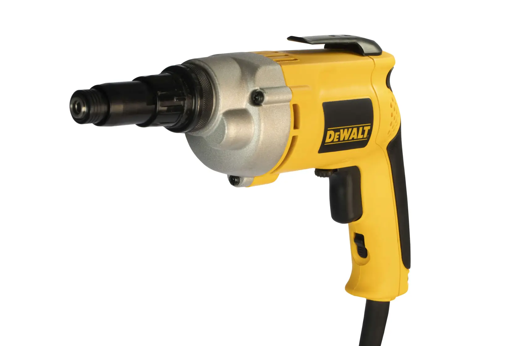 A yellow and black DEWALT electric screwdriver, model DW255, with a cord and ergonomic handle, photographed against a white background.