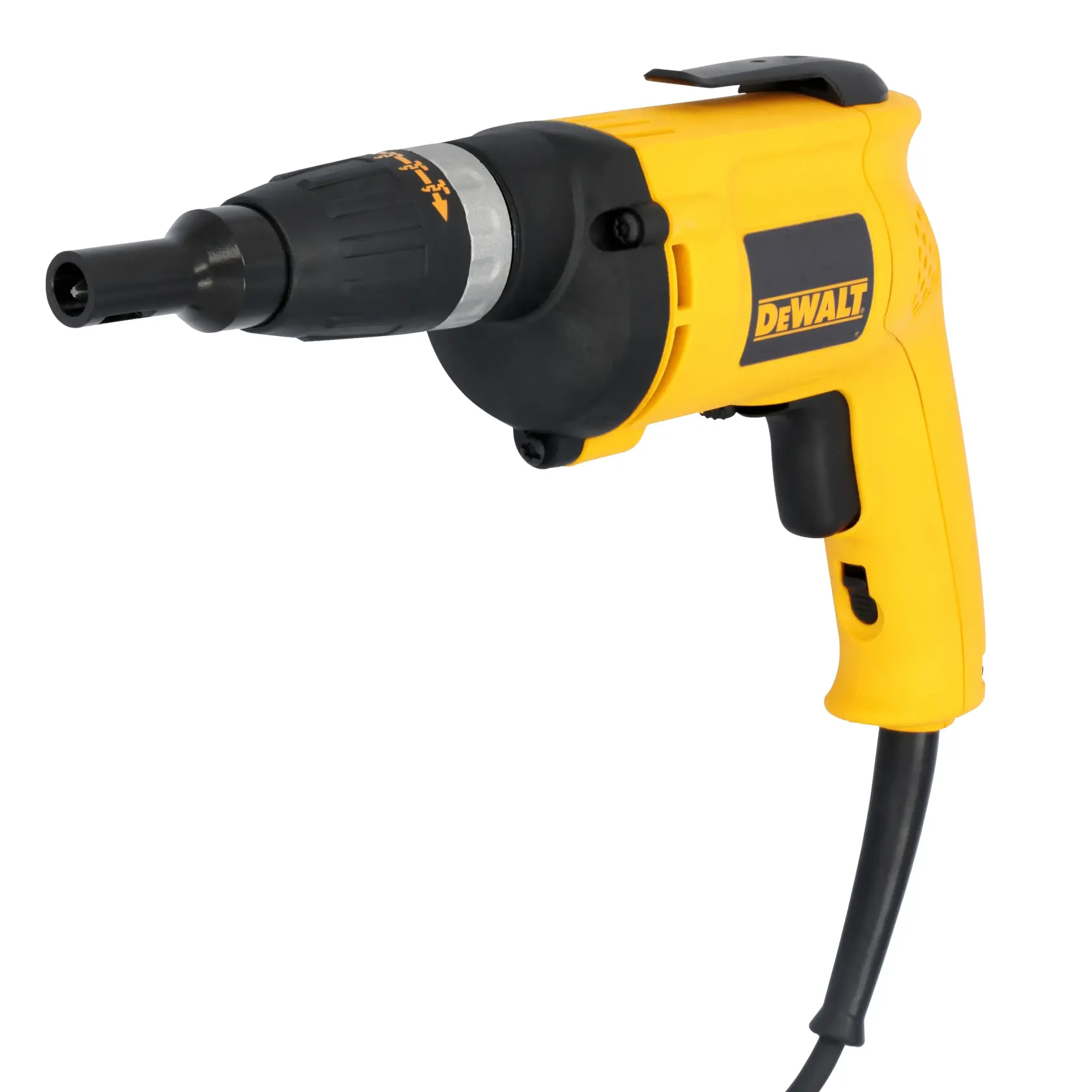 A yellow and black DEWALT electric screwdriver with a cord attached, commonly used for driving screws in construction and woodworking.