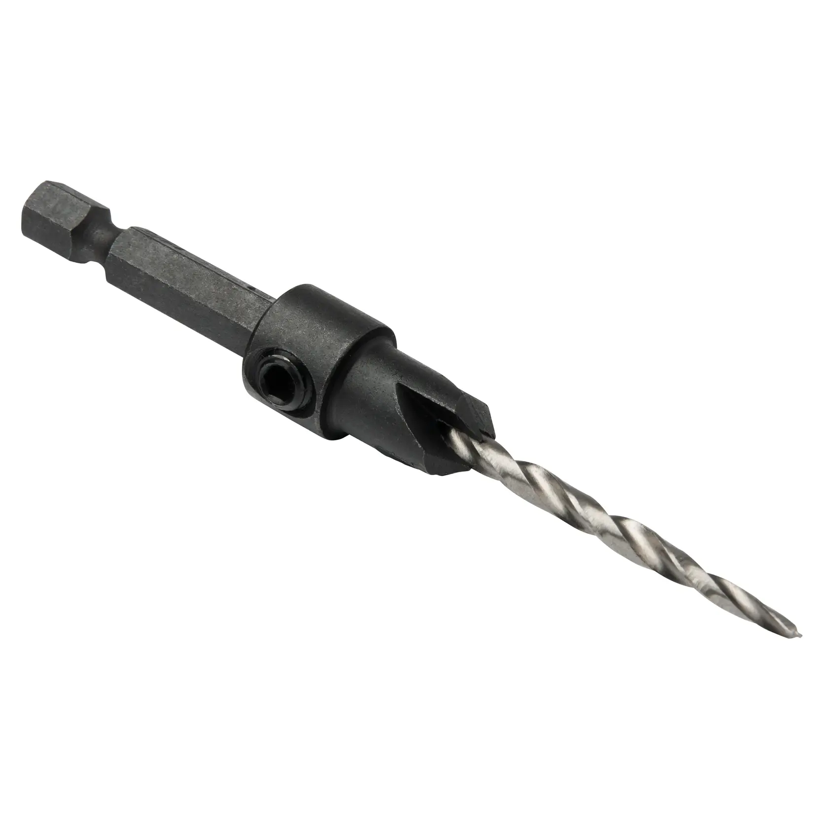 A close-up image of a DEWALT drill bit with hex shank and countersink, designed for woodworking and compatible with power drills.