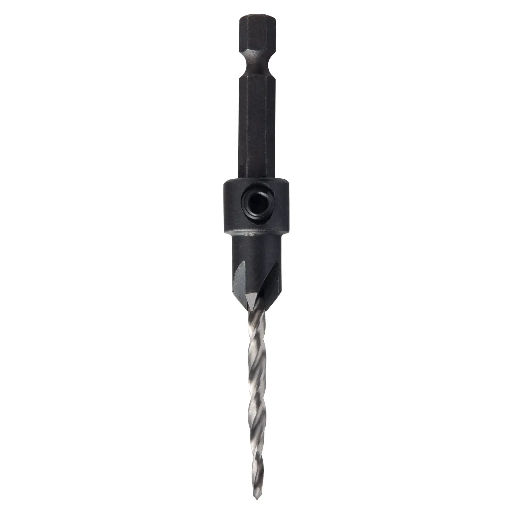 A close-up view of a DEWALT drill bit with countersink attachment, featuring a hex shank and a spiral tip for woodworking and precision drilling.