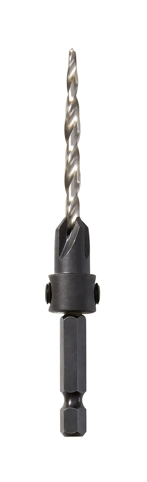 A close-up image of a DEWALT drill bit with a hex shank and twist design, used for drilling into various materials.