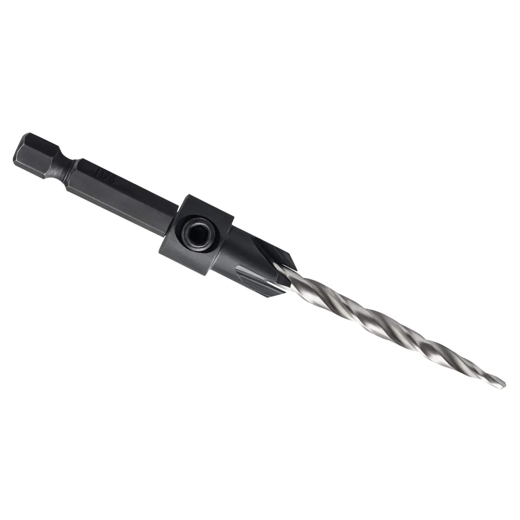 A close-up of a DEWALT drill bit with a hex shank and spiral tip, isolated on a white background.