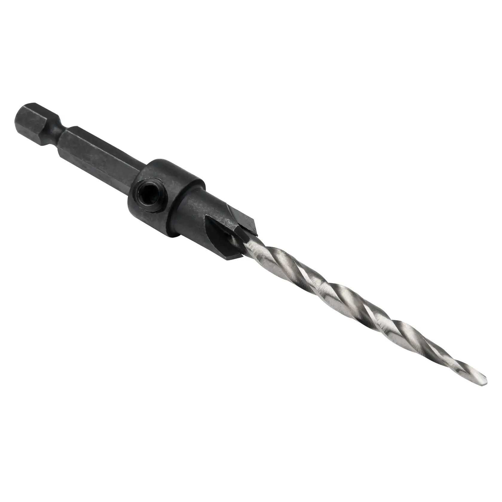 A DEWALT drill bit with a countersink attachment, designed for woodworking and general drilling purposes.