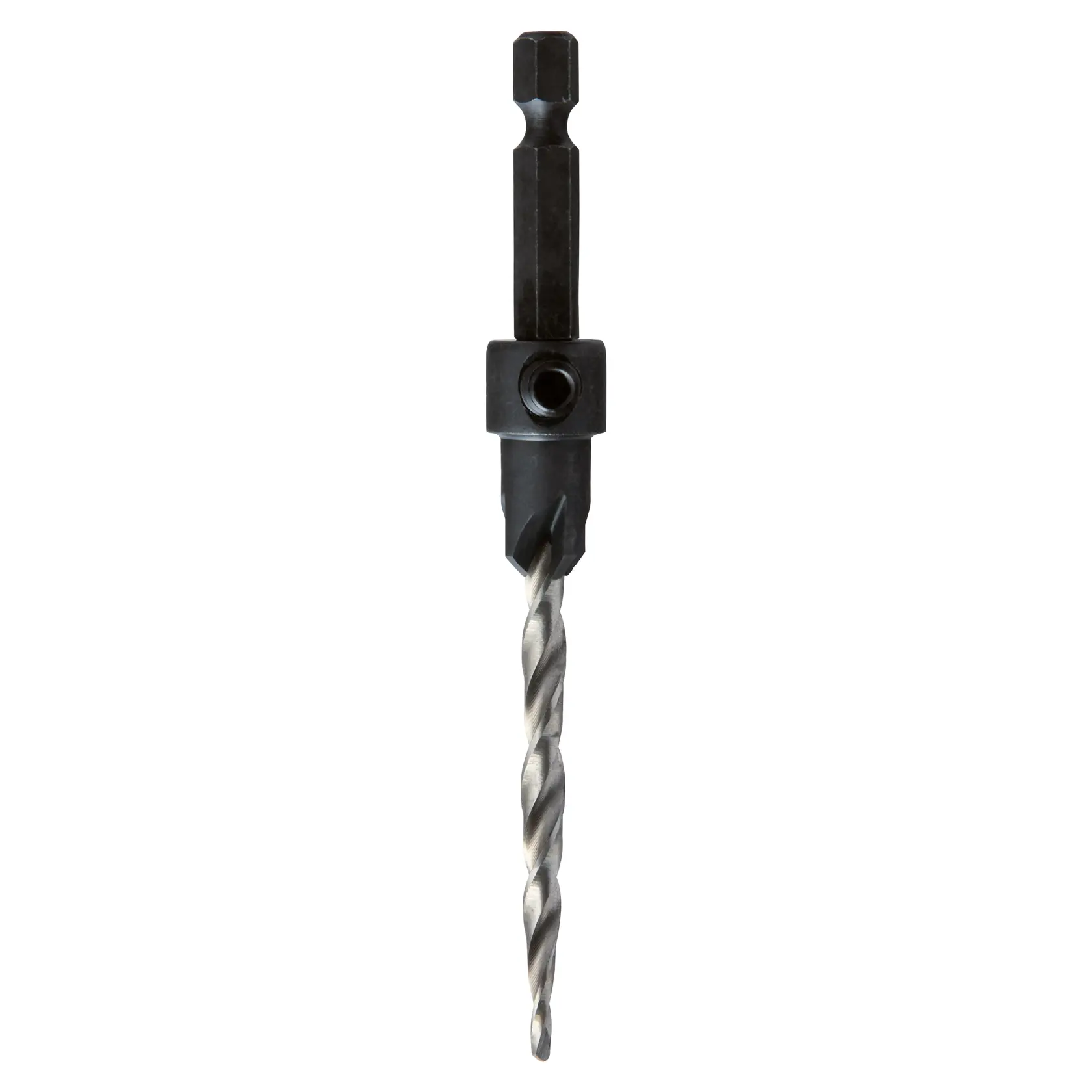 A close-up image of a DEWALT drill bit with a hex shank and adjustable collar, designed for use in woodworking and construction.