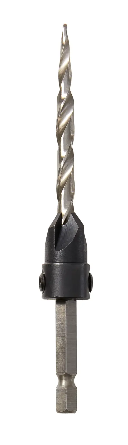 A close-up image of a DEWALT drill bit with a hex shank and spiral tip, designed for woodworking and compatible with power drills.