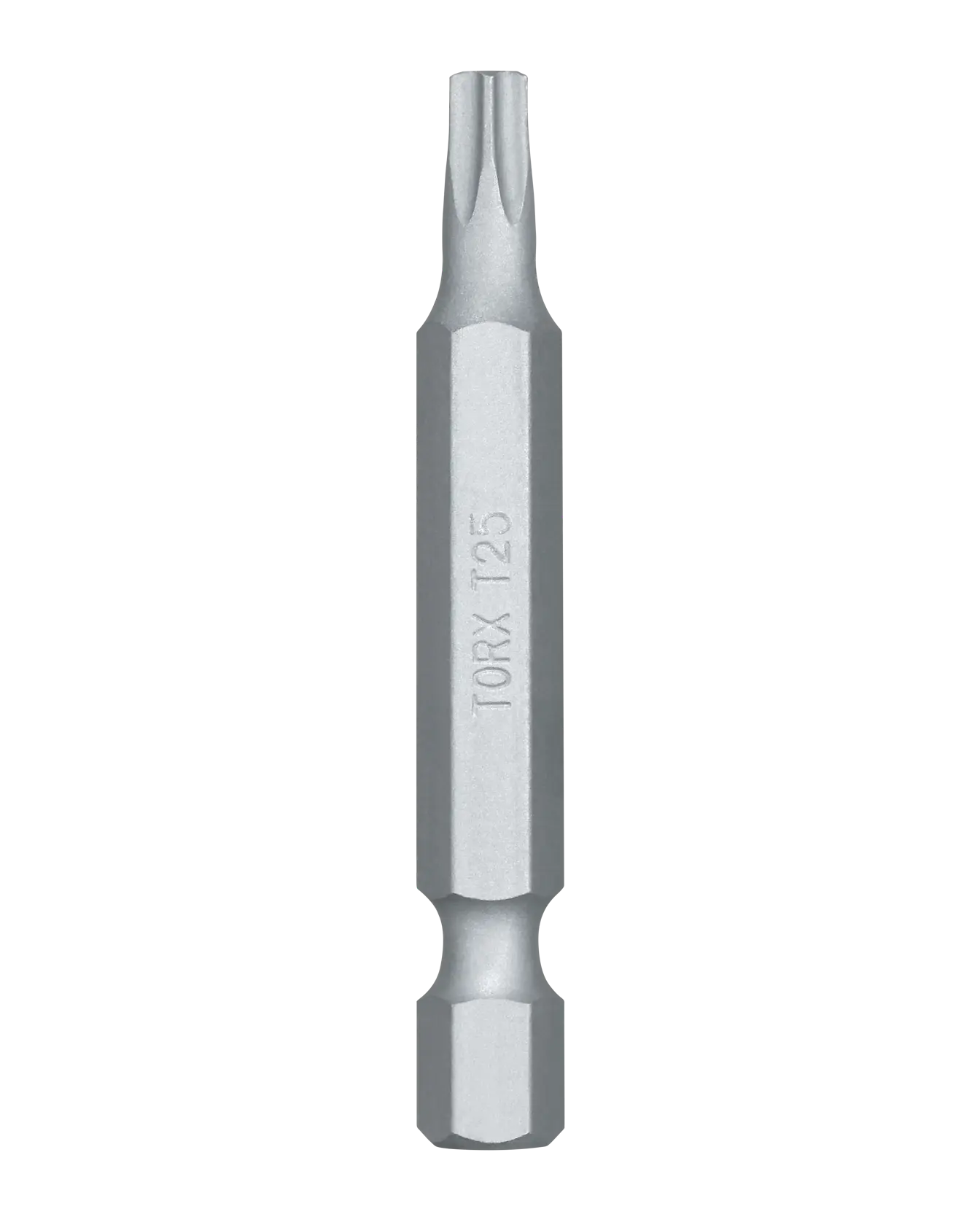 A silver Torx T25 screwdriver bit with hexagonal body, photographed on a white background.