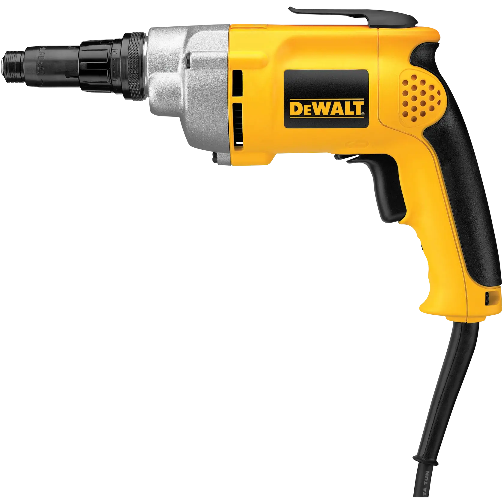 A close-up view of a yellow and black DEWALT electric screwdriver with a cord attached, model DW267, shown from the side against a white background.