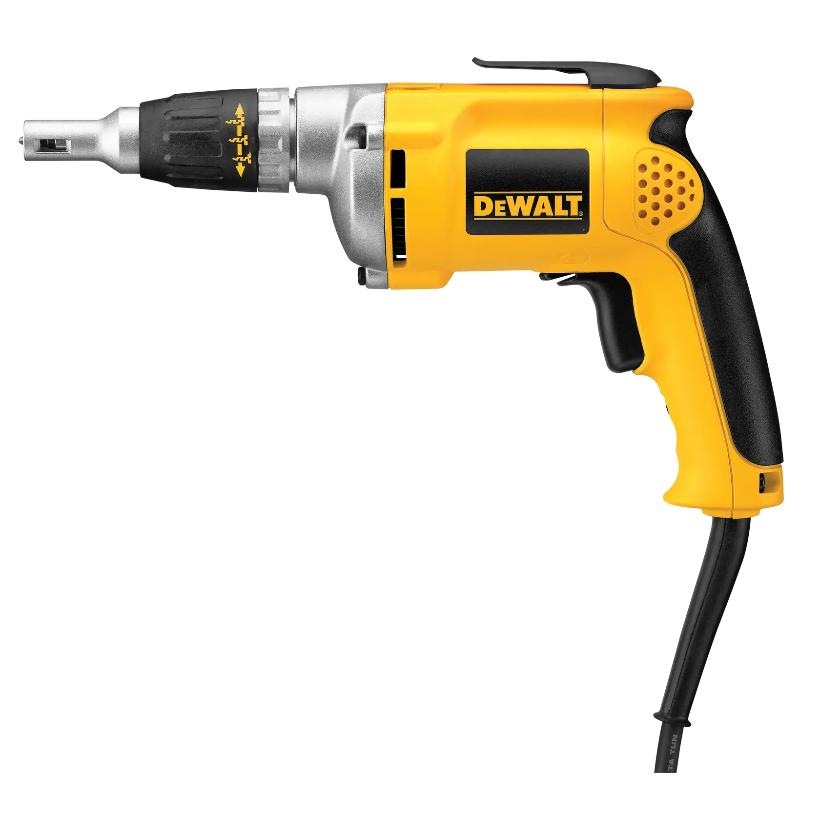 A DEWALT DW272 corded screw gun, shown on a white background. The tool is yellow and black, with a pistol grip handle and power cord extending from the bottom.
