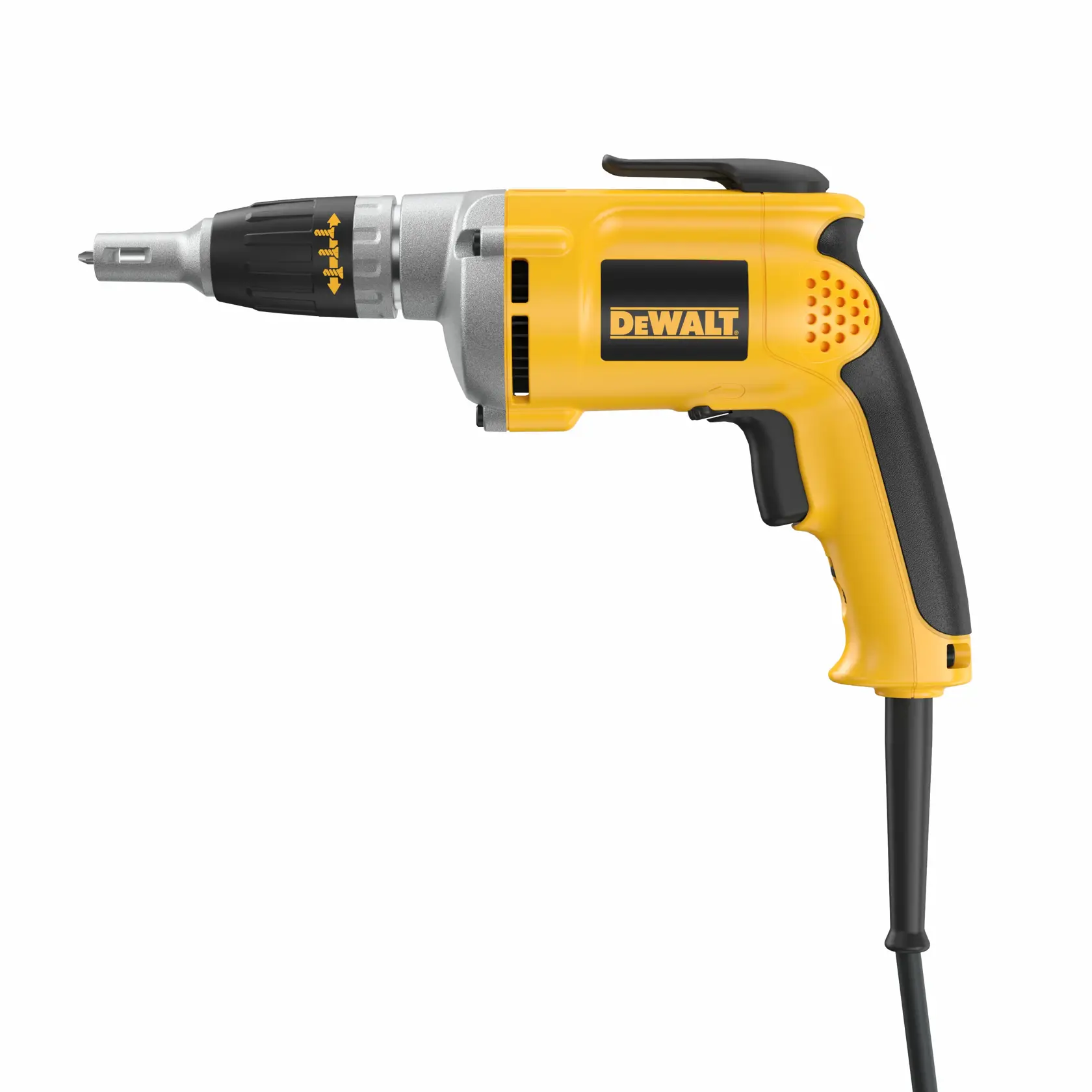 A yellow and black corded DEWALT screw gun, model DW272, shown in profile with a pistol grip and adjustable front section.