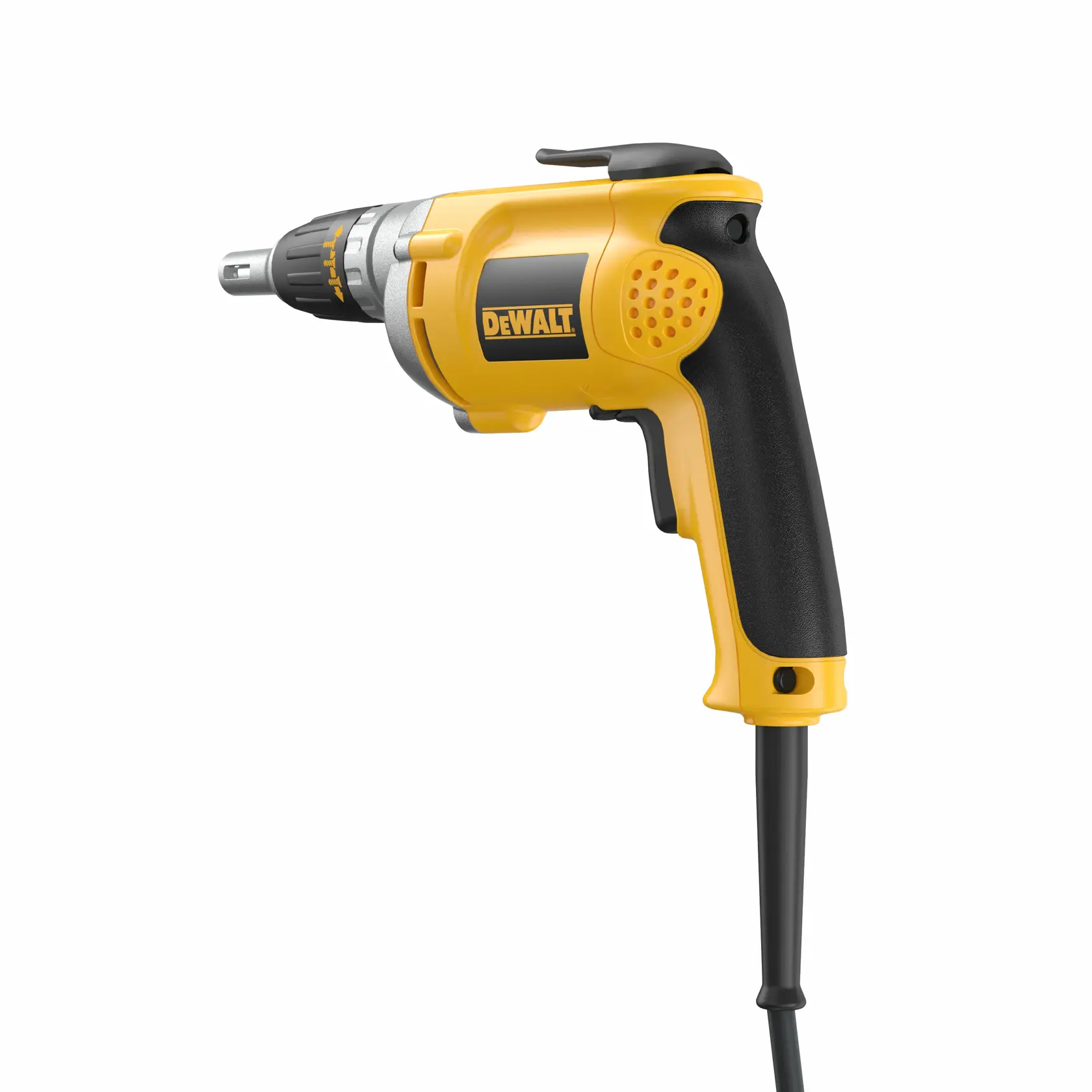 A yellow and black corded electric screwdriver with a pistol-grip handle and DEWALT branding, shown against a white background.