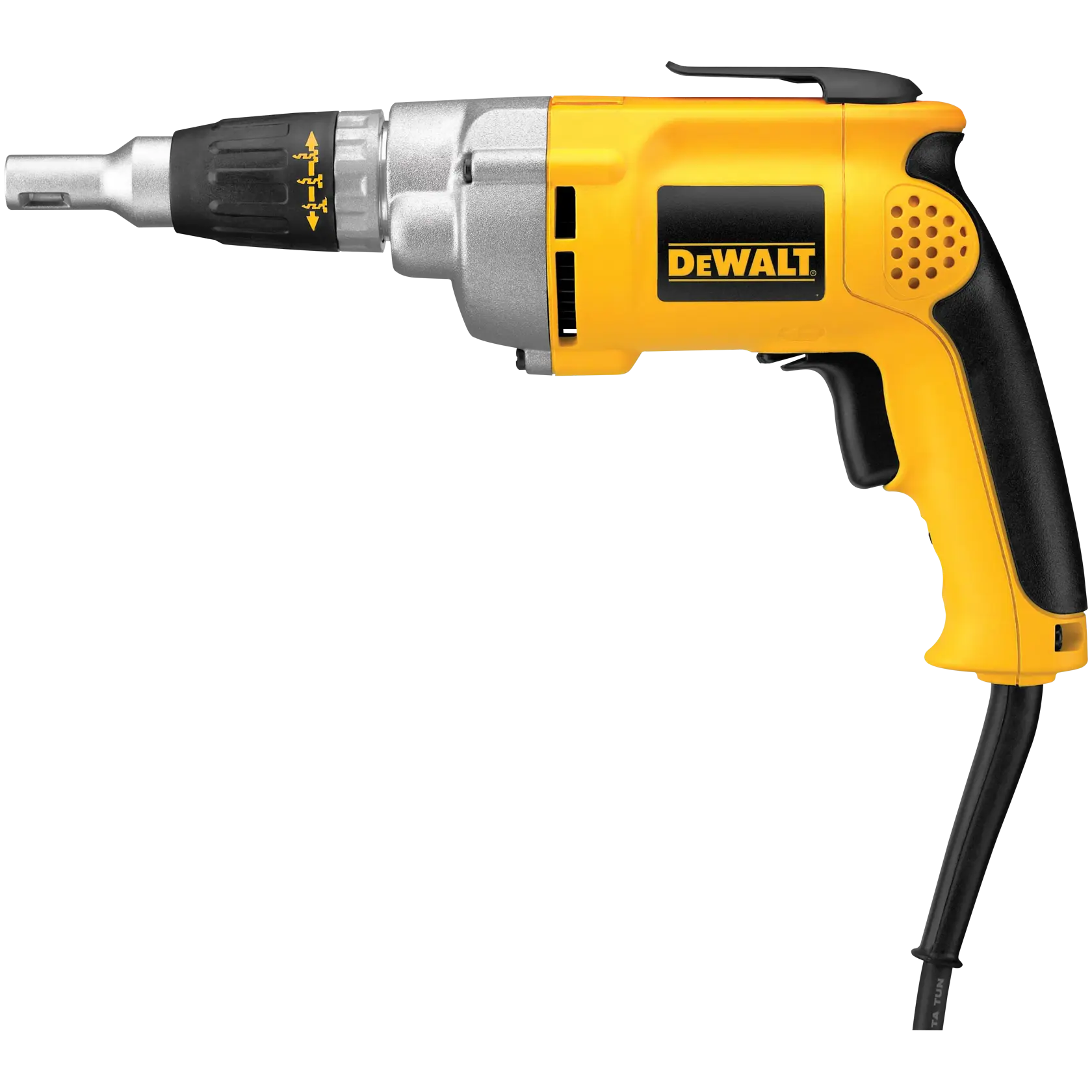 A DEWALT electric screwdriver with a yellow and black handle, a silver metal front, and a power cord attached.