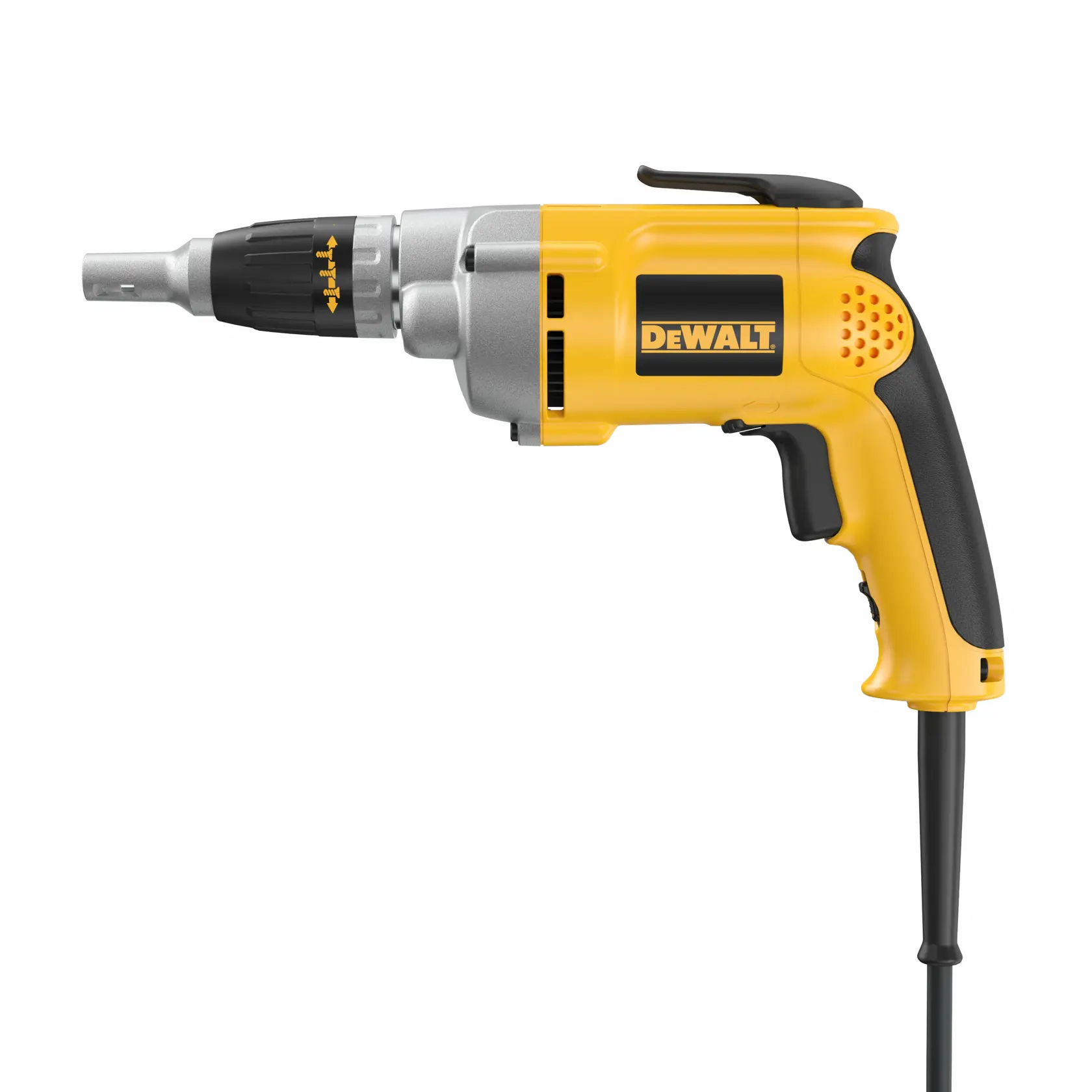A yellow and black DEWALT electric screw gun with a cord, shown from the side on a white background.