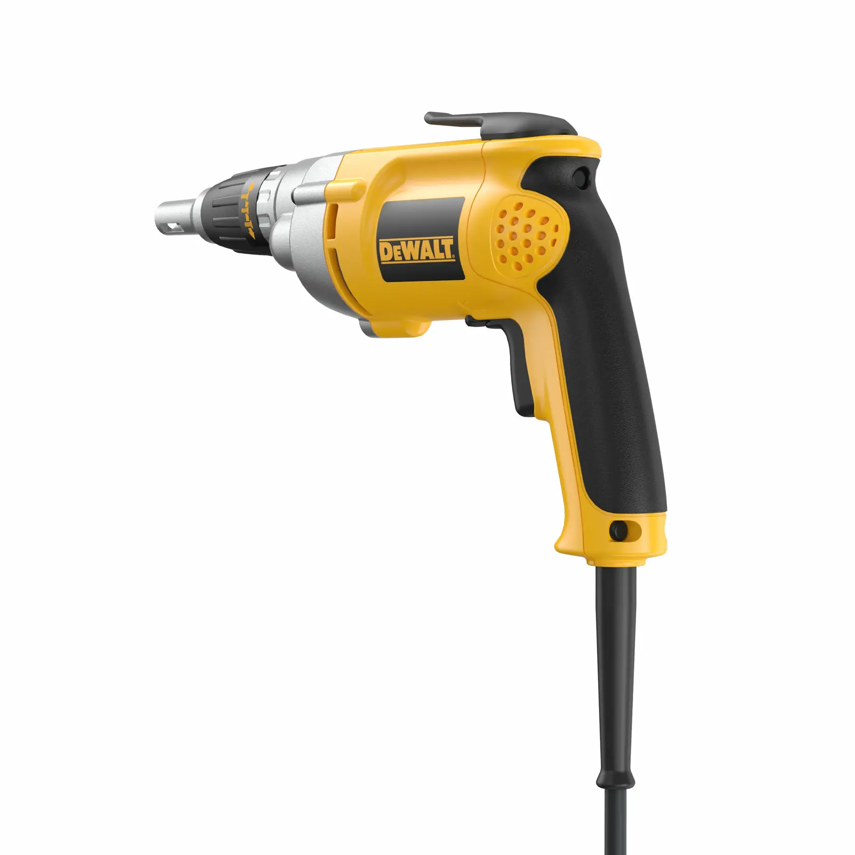 A yellow and black corded electric screwdriver with a pistol grip design, shown from the side against a white background.