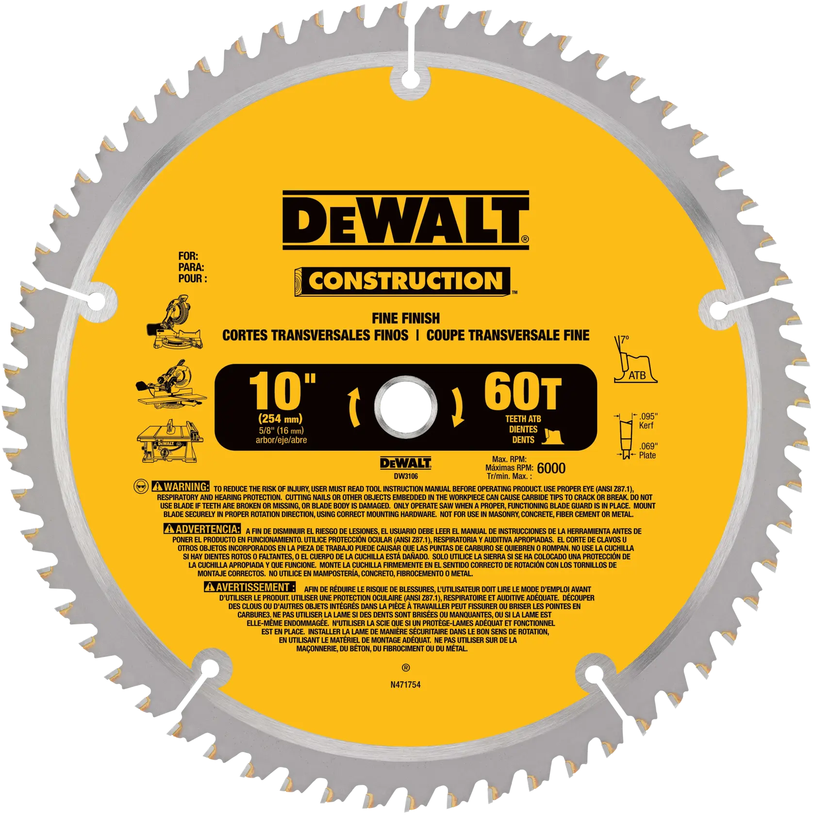 A DEWALT Construction 10-inch (254 mm) circular saw blade with 60 teeth for fine finish cross-cutting. The blade is yellow with black text and graphics, showing technical specifications and safety warnings in English, Spanish, and French.