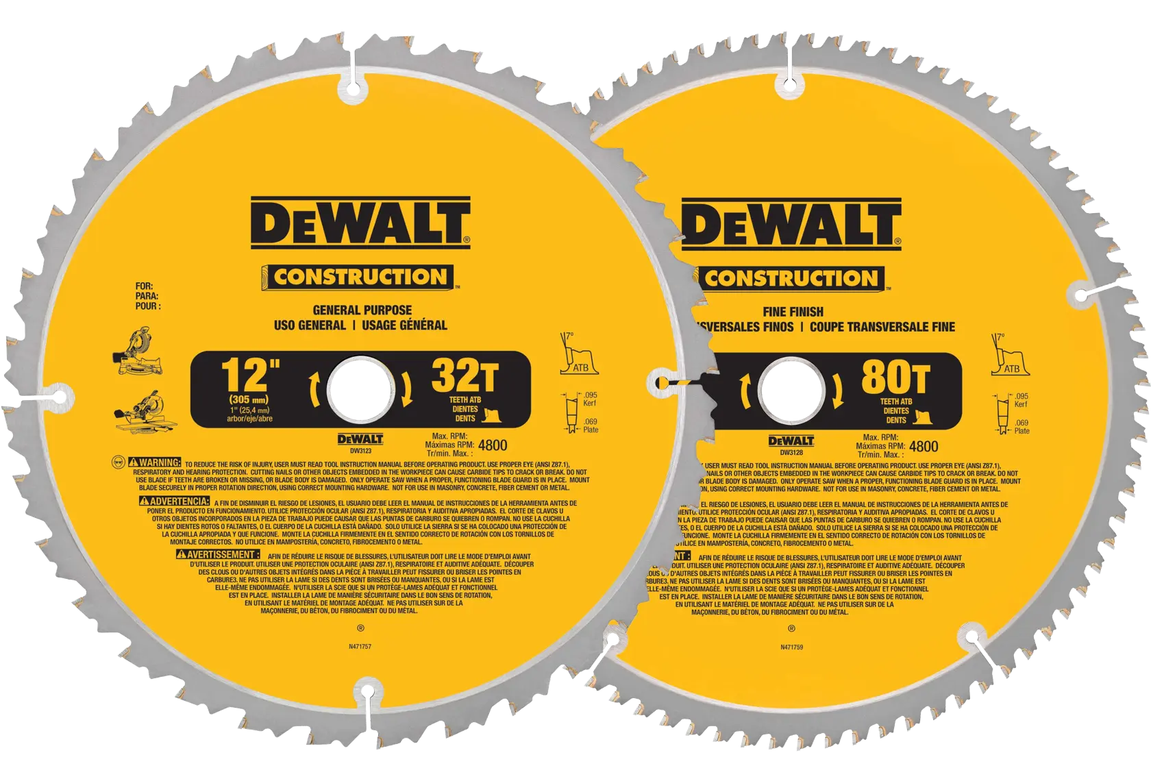 Two DEWALT construction circular saw blades are shown. The left blade is labeled for general purpose use, 12 inches in diameter, with 32 teeth. The right blade is labeled for fine finish use, 12 inches in diameter, with 80 teeth. Both blades are yellow with black text and safety information.