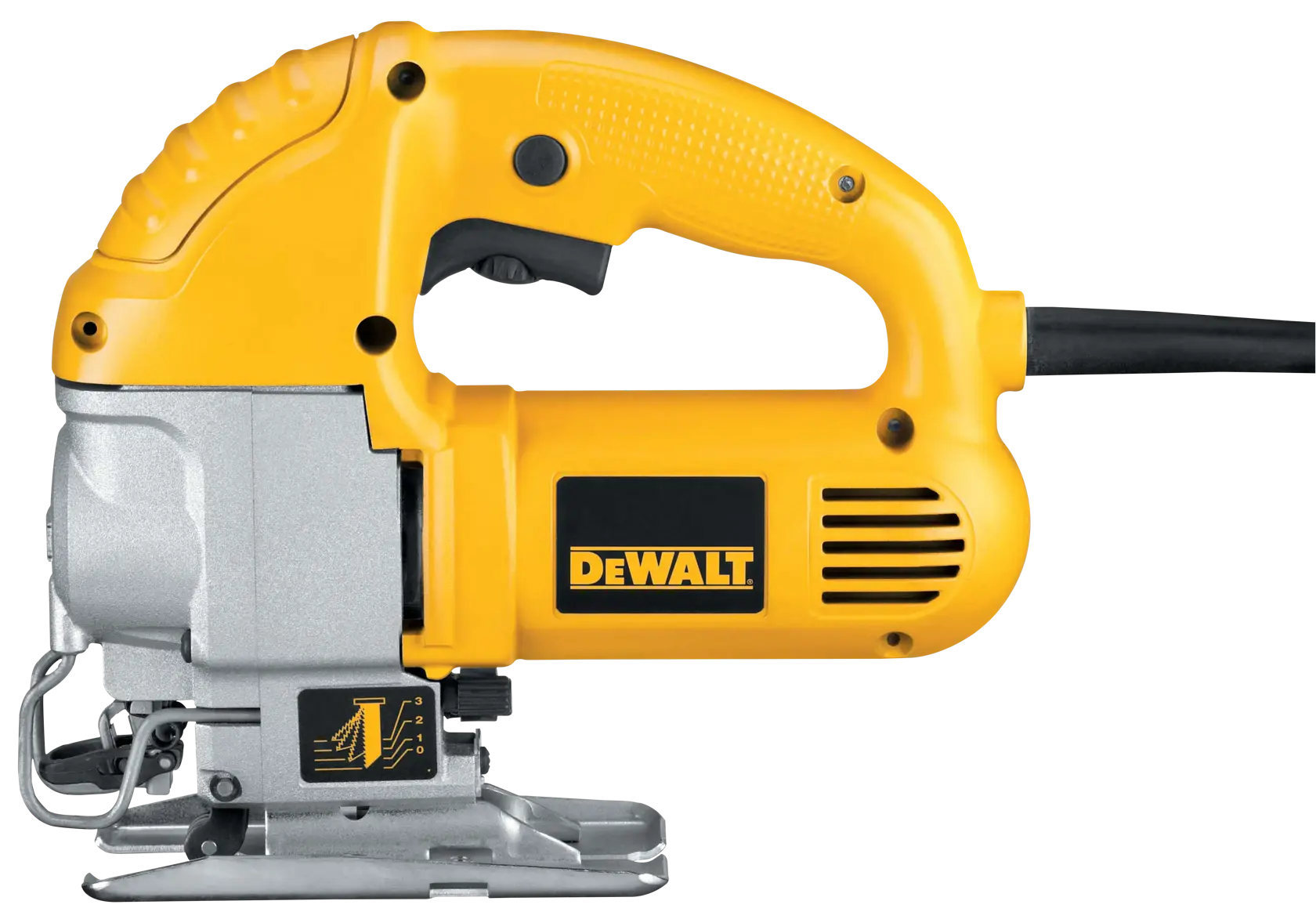 A DEWALT DW317K electric jigsaw, featuring a yellow and black body with a visible handle and power cord, designed for precise cutting in woodworking and construction.