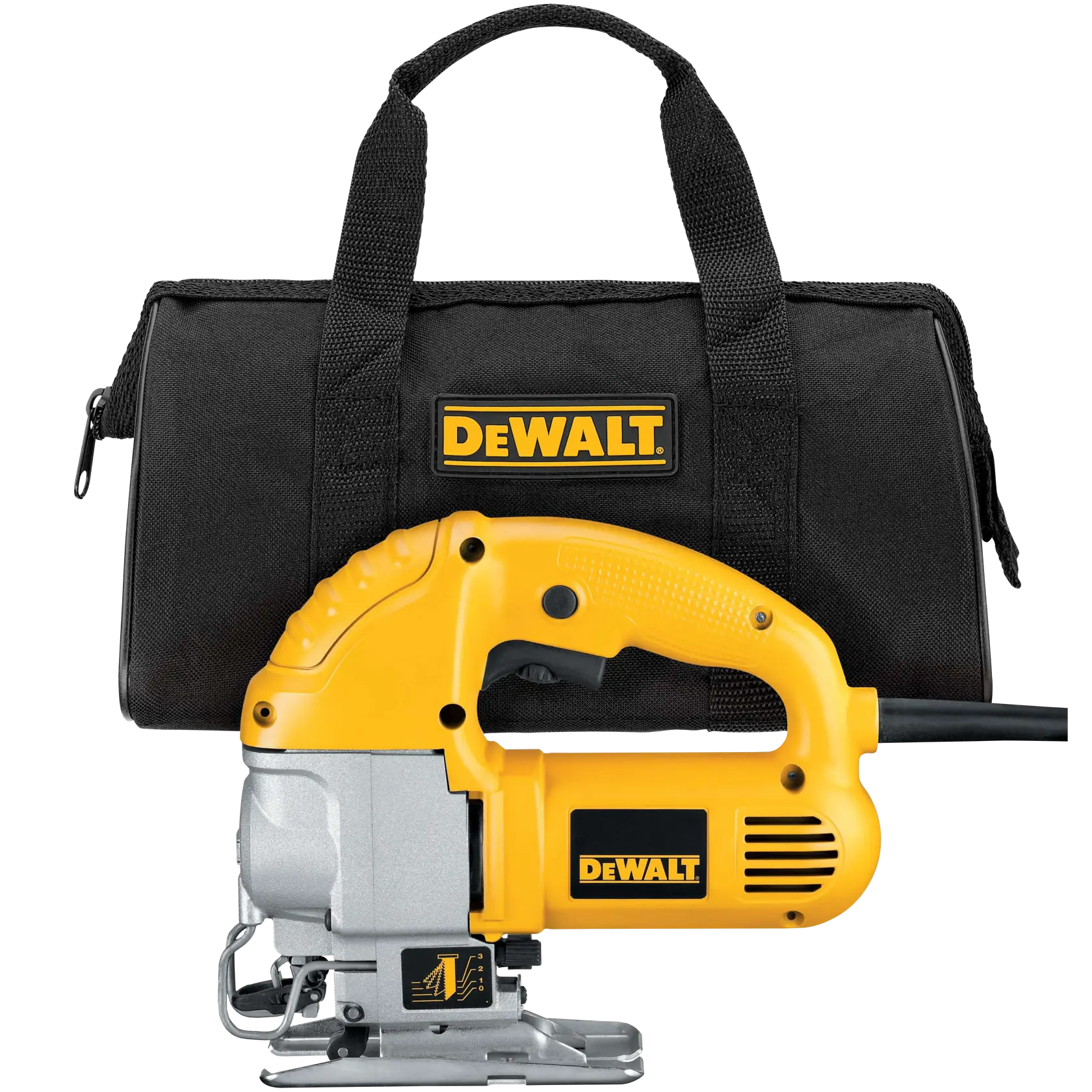 A yellow and silver DEWALT jigsaw with a black DEWALT-branded carrying bag behind it.