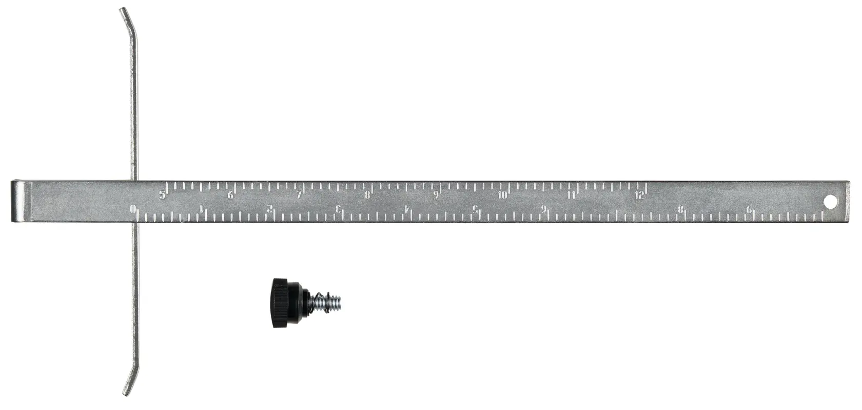 A metal rip fence ruler accessory with measurement markings, designed for use with saws, shown with a black knob and screw for attachment.