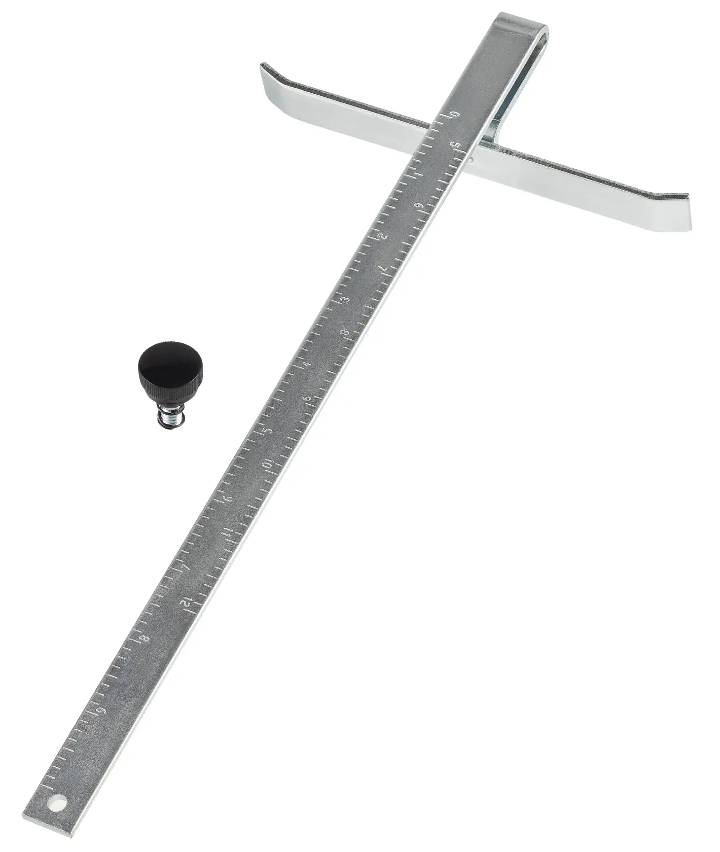 A metal saw fence guide with ruler markings and a black adjustment knob, used as an accessory for saws to help ensure straight cuts.