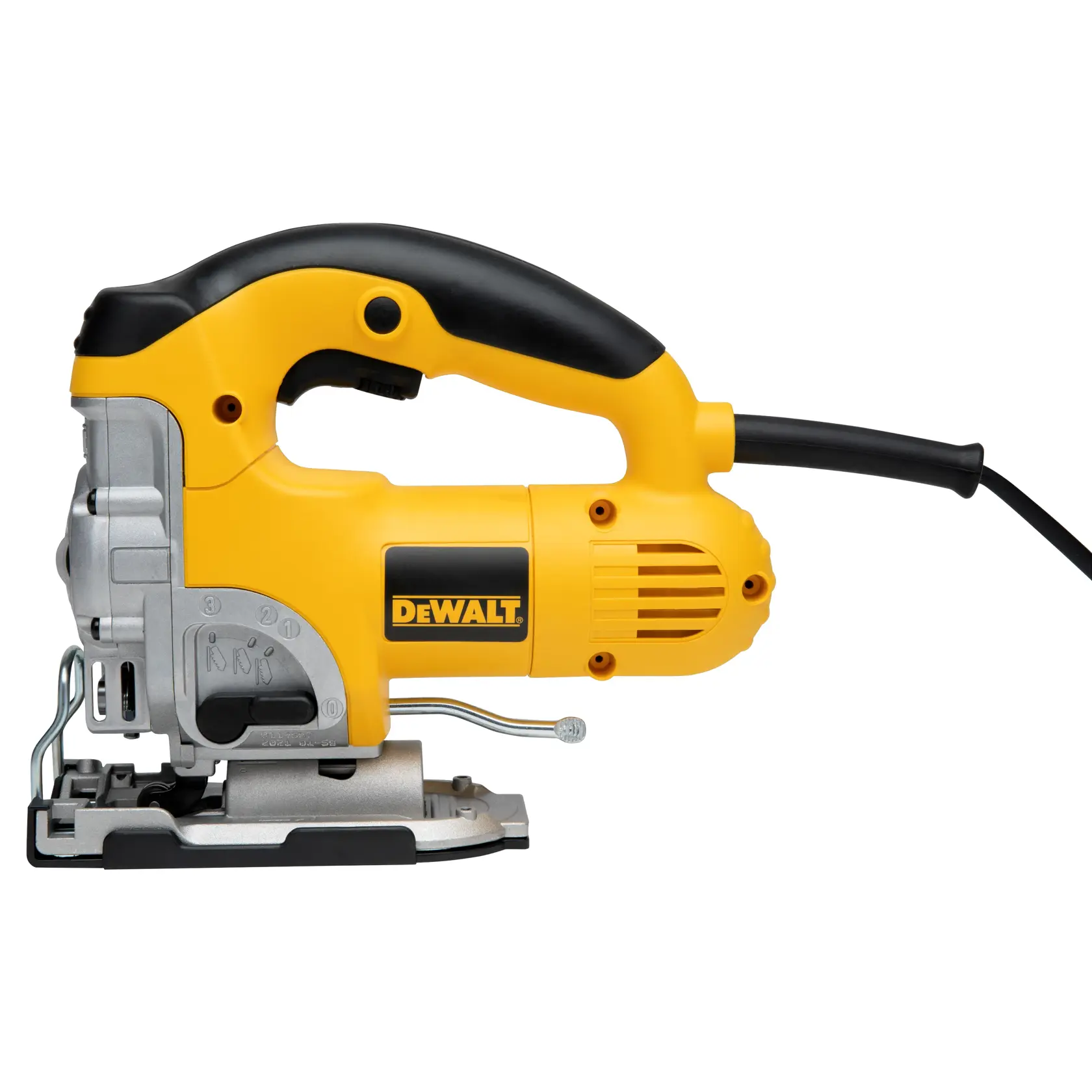 A yellow and black DEWALT electric jigsaw with a cord, shown from the side.
