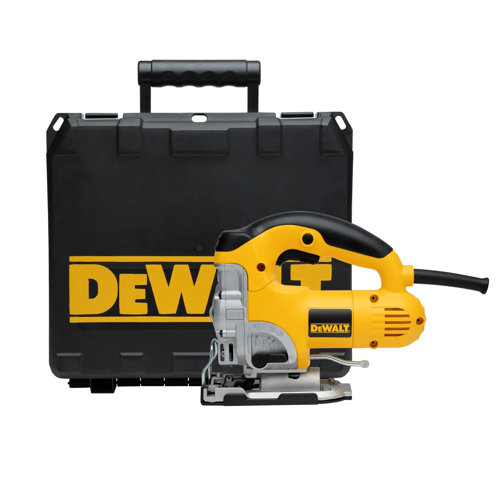 A yellow and black DEWALT jigsaw power tool is shown in front of a black carrying case with a handle and the DEWALT logo.
