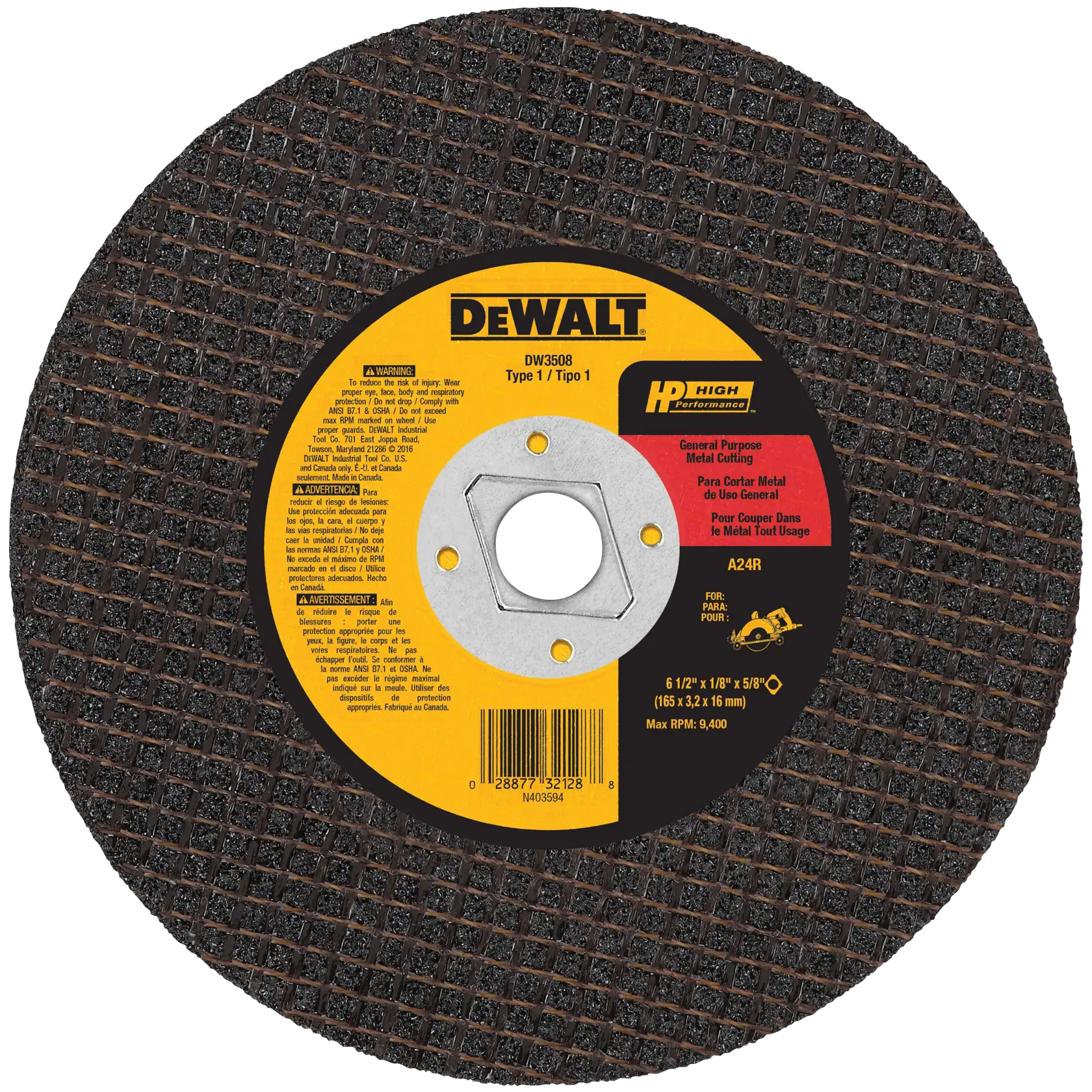 DEWALT DW3508 general purpose metal cutting wheel, Type 1, 6 1/2 inch diameter with textured surface and central mounting hole, suitable for various metal cutting applications.