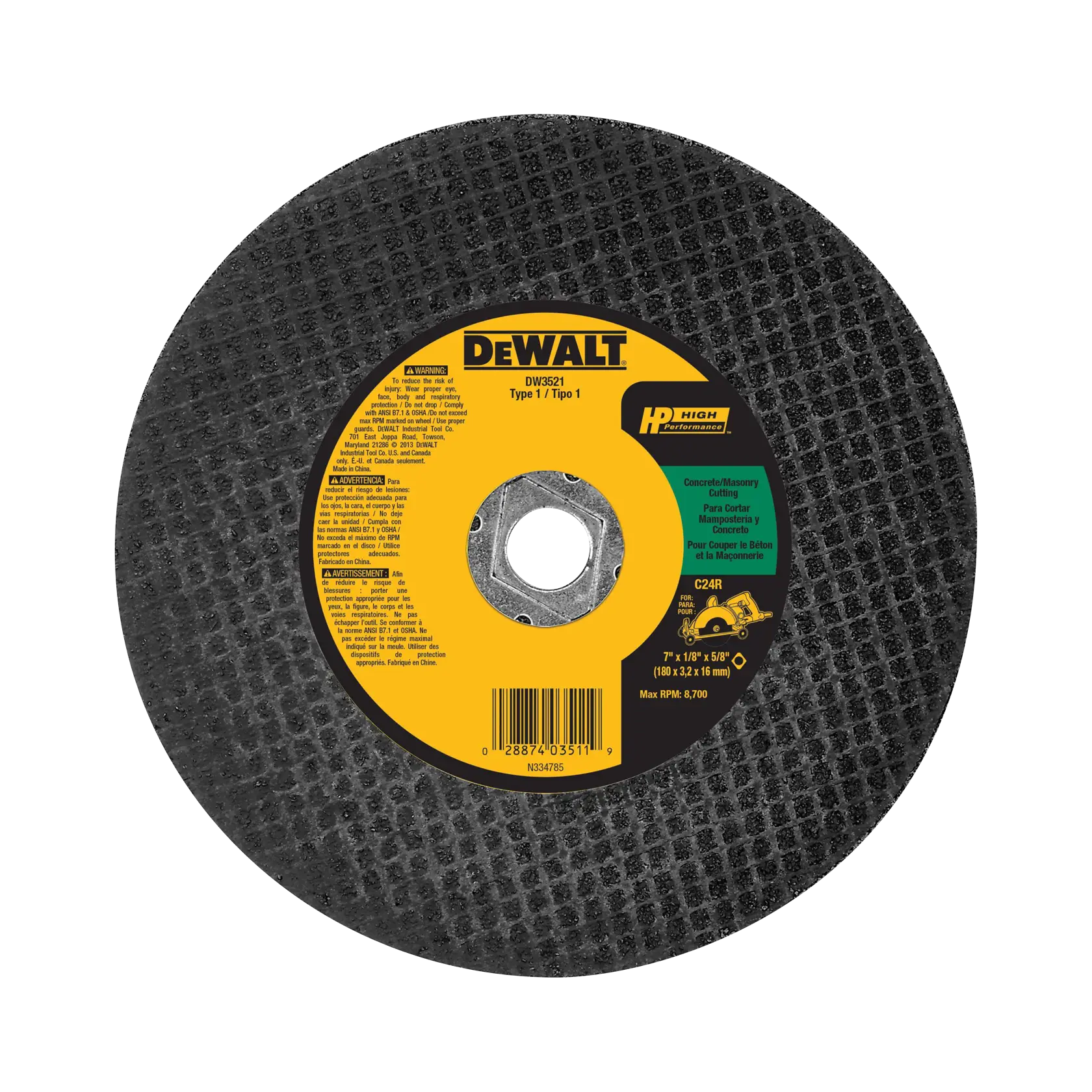 DEWALT DW3521 Type 1 high performance cutting wheel for concrete and masonry, featuring a black abrasive surface and yellow label at the center with product details and safety warnings.