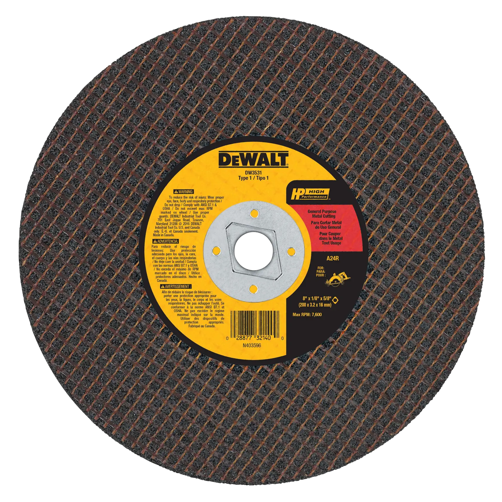 DEWALT DW3531 Type 1 abrasive cutting wheel for metal, featuring a coarse textured surface and a yellow center label with product details.