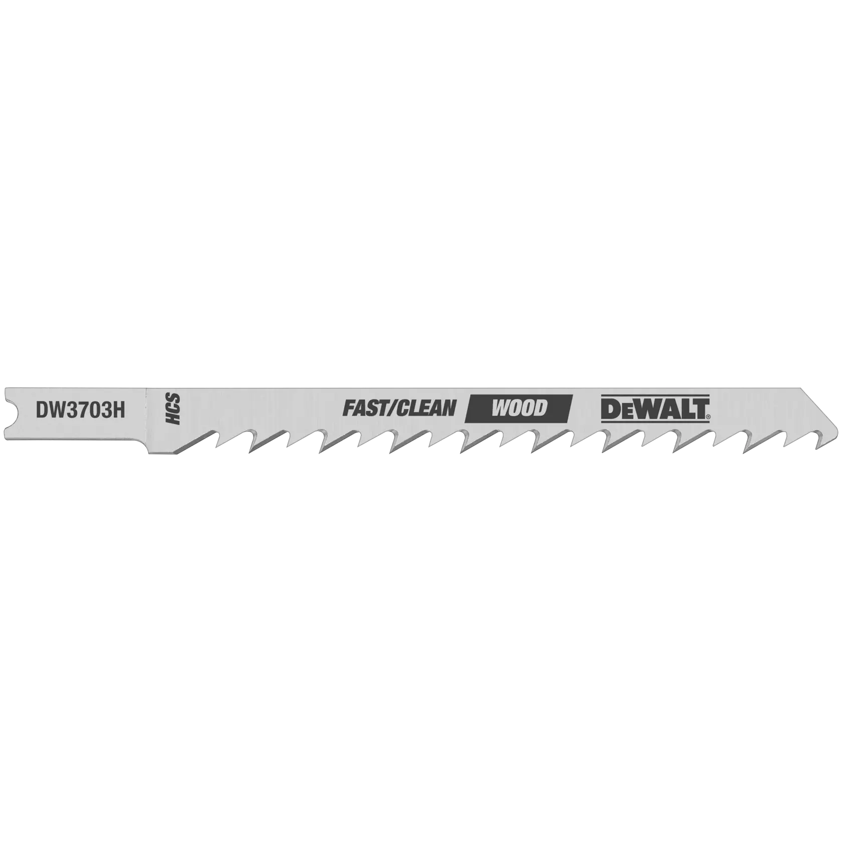 A DEWALT DW3703H fast/clean wood cutting jigsaw blade with sharp teeth, seen in a side view against a white background.