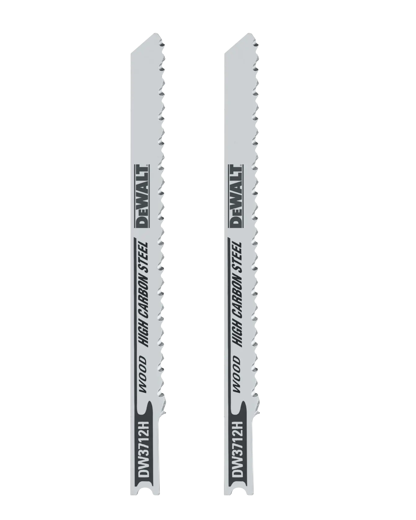 Two DEWALT high carbon steel jigsaw blades for wood, model DW3712H, shown side by side against a white background.