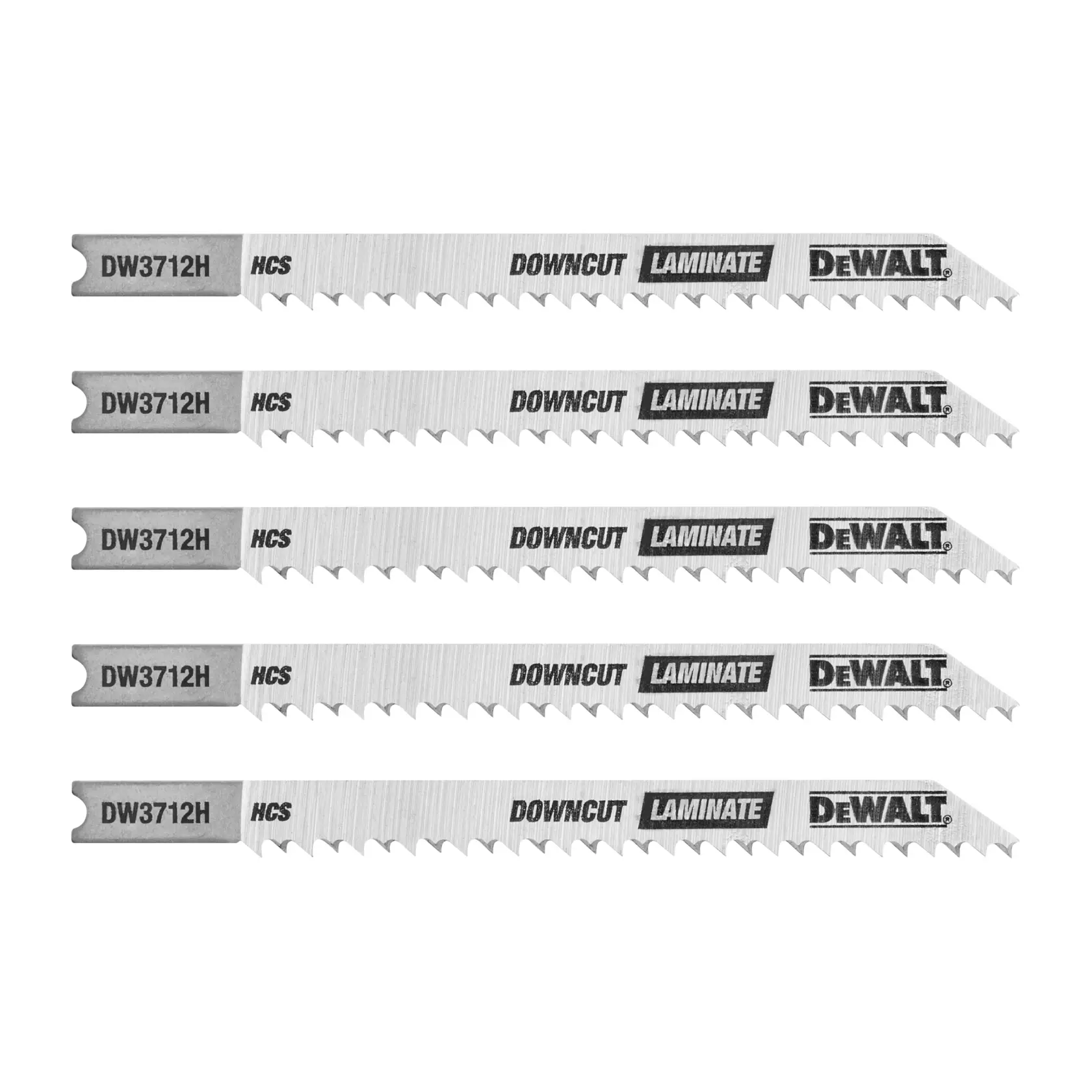 Five DEWALT DW3712H downcut laminate jig saw blades are arranged side by side in a horizontal row. The blades are silver with black and white labeling, featuring the product code, downcut type, and laminate suitability.