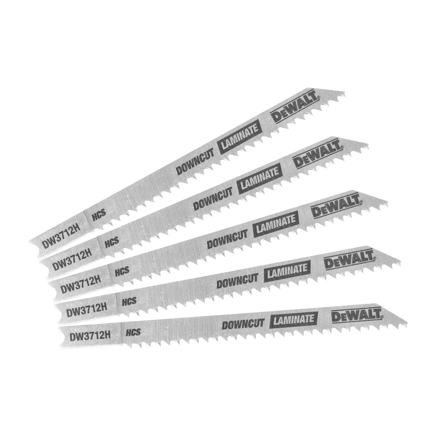 Five DEWALT branded jigsaw blades arranged in a fan pattern. Each blade is labeled with 'DW3712H,' 'HCS,' and 'Downcut Laminate,' designed for cutting laminate material.