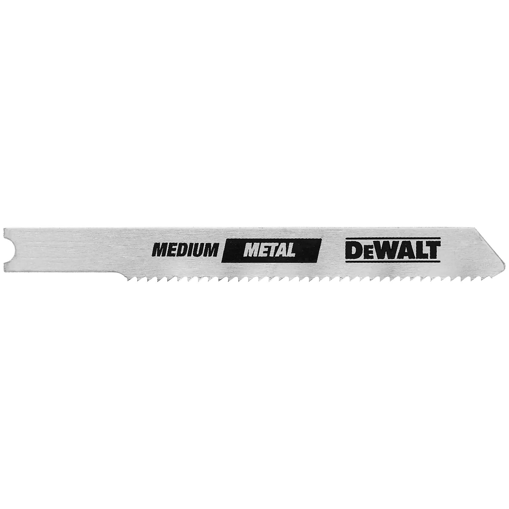 A DEWALT jigsaw blade designed for cutting medium metal, with sharp teeth and branding text visible on the blade.