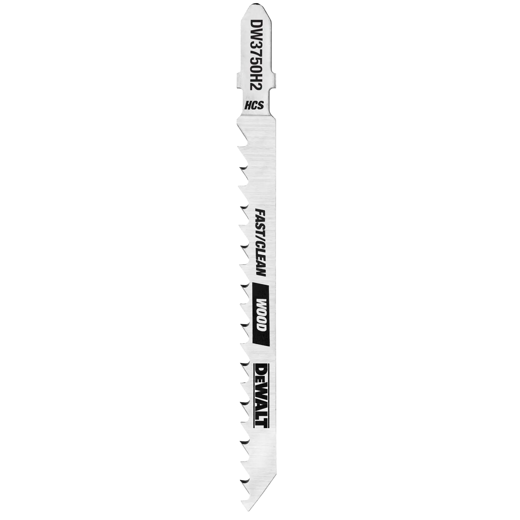 A DEWALT DW3750H2 fast clean wood jigsaw blade with prominent sharp teeth, labeled for cutting wood.