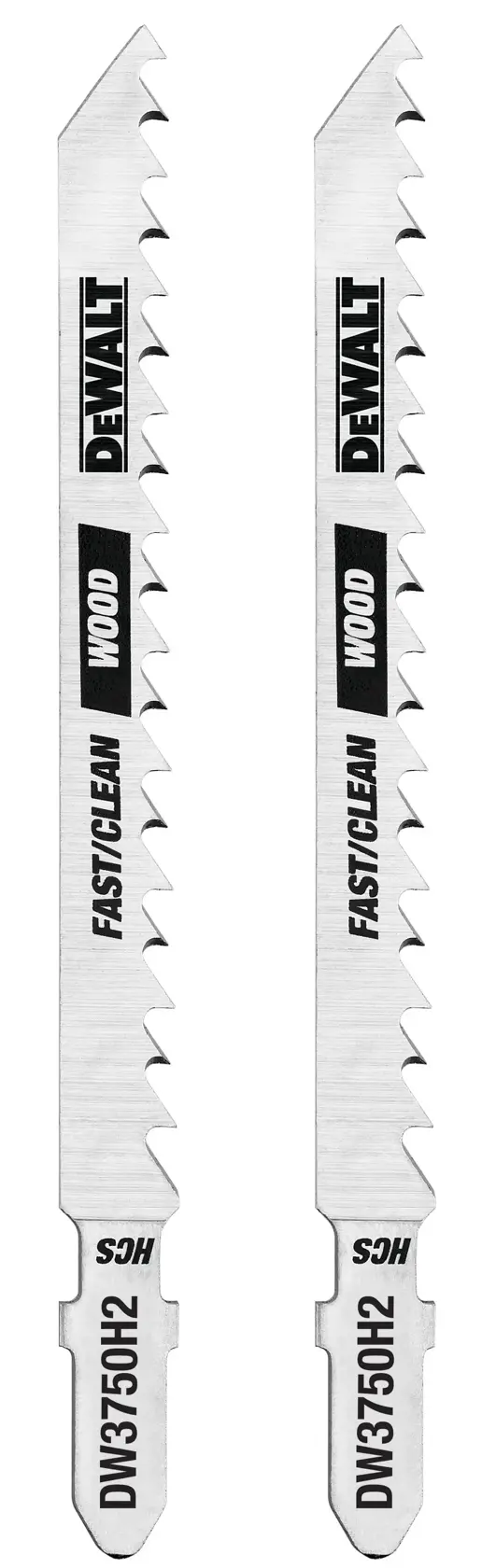 Two DEWALT DW3750H2 jigsaw blades designed for wood cutting, labeled 'FASTCLEAN' and 'WOOD', shown with silver finish and distinctive teeth.