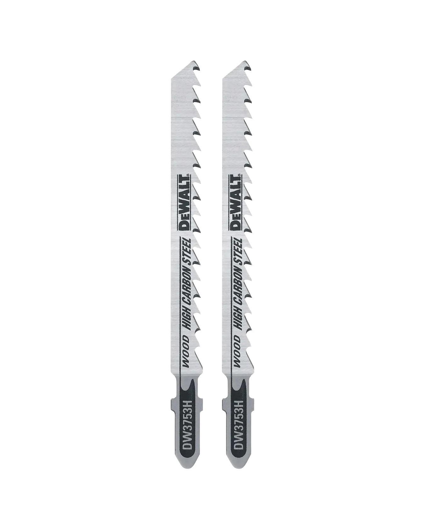 Two DEWALT jigsaw blades, model DW3753H, made of high carbon steel for wood cutting, shown vertically side by side against a white background.