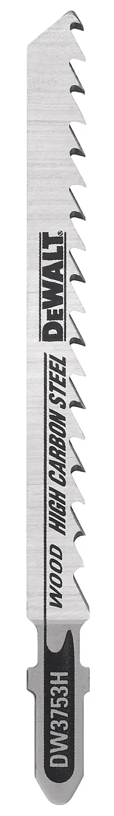 A DEWALT high carbon steel jigsaw blade for cutting wood, model DW3753H2. The blade has sharp teeth and branding printed along its surface.