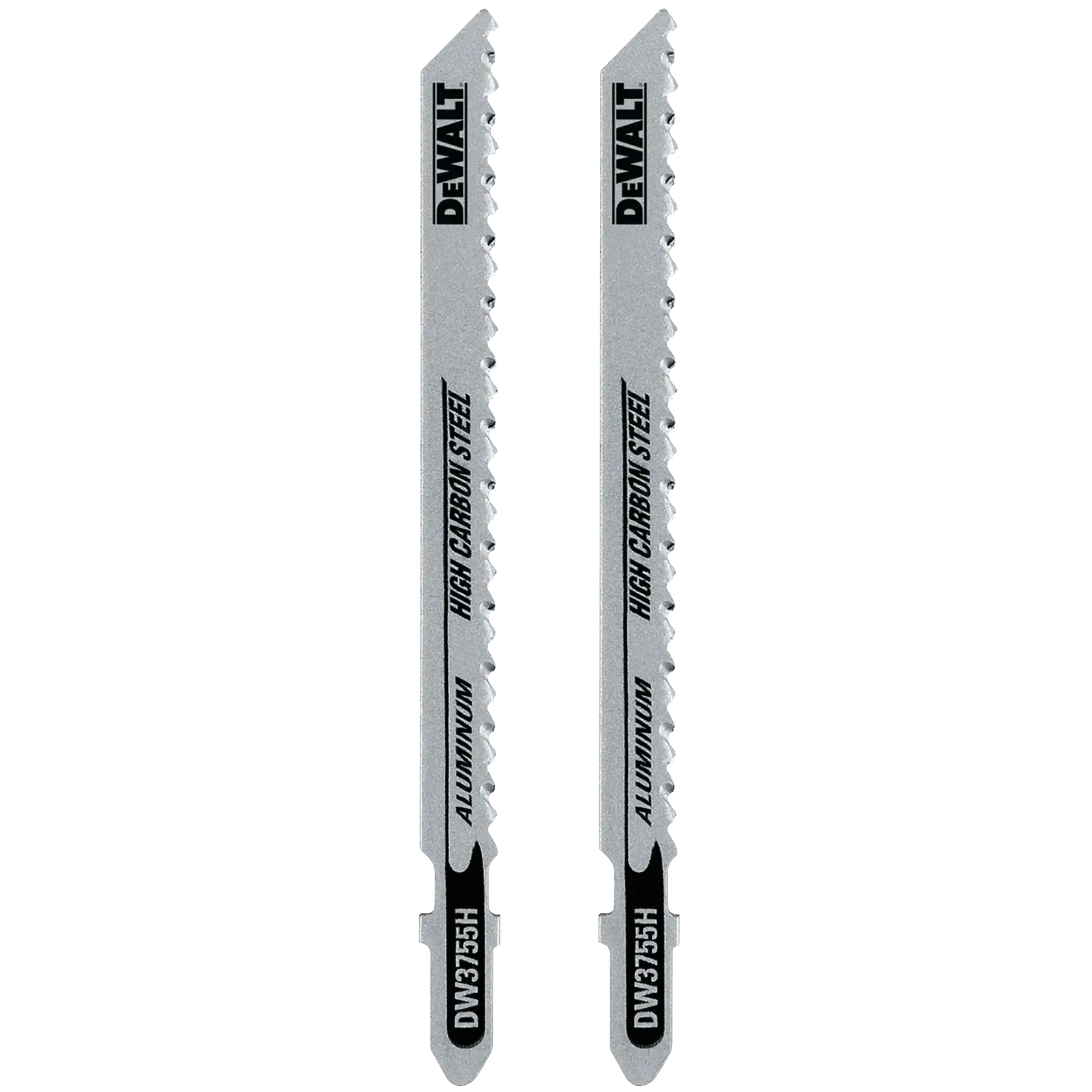 Two DEWALT DW3755H high carbon steel jigsaw blades for aluminum cutting, shown side by side against a white background.