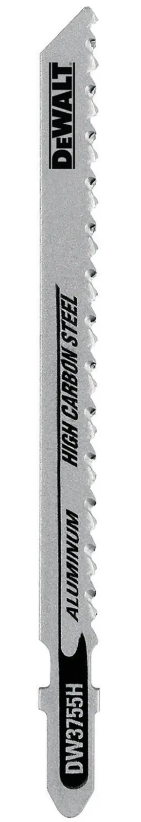 A DEWALT DW3755H high carbon steel jigsaw blade designed for cutting aluminum. The blade is silver with precision-cut teeth and product branding printed on its surface.