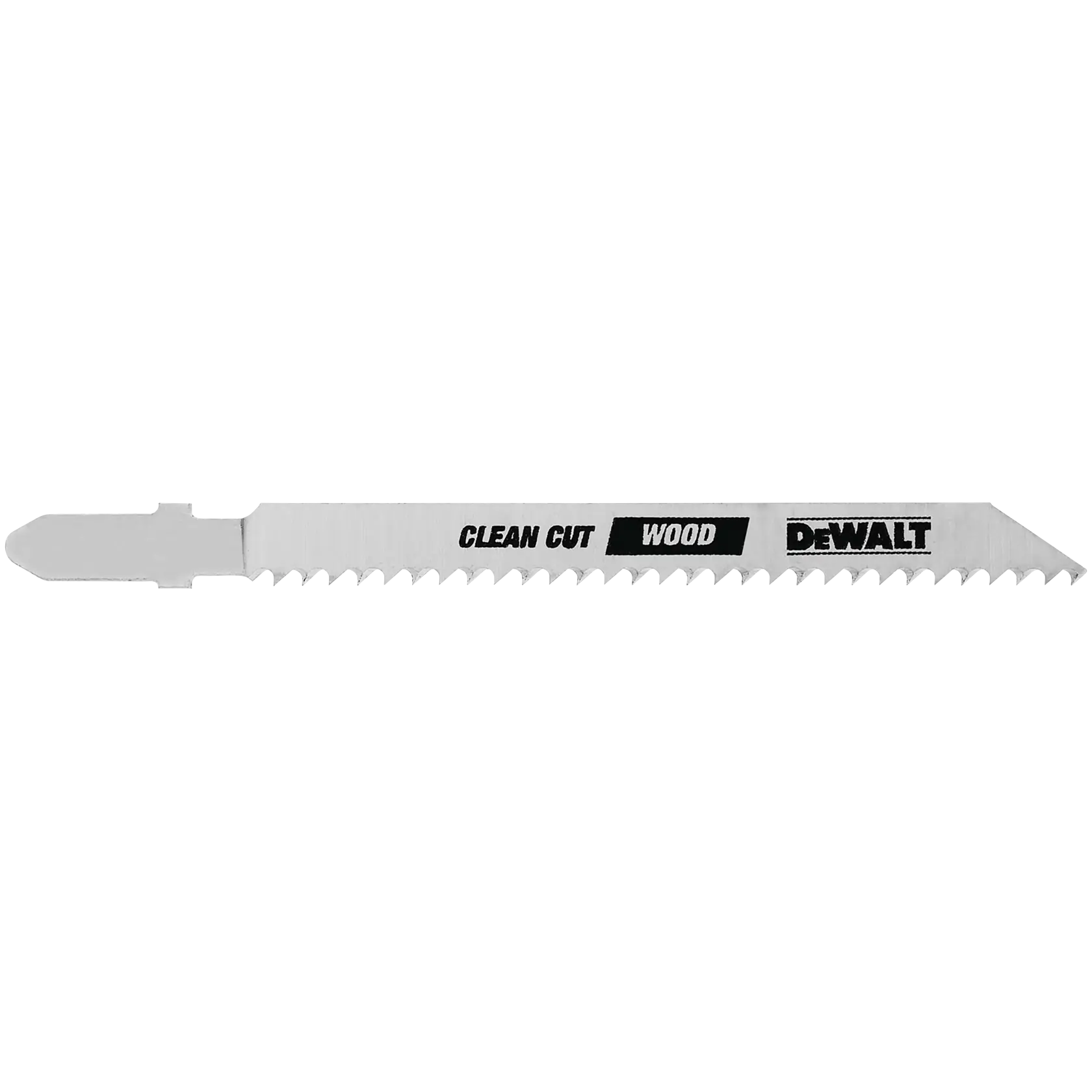 DEWALT clean cut wood jigsaw blade with pointed end and sharp teeth, designed for cutting wood.