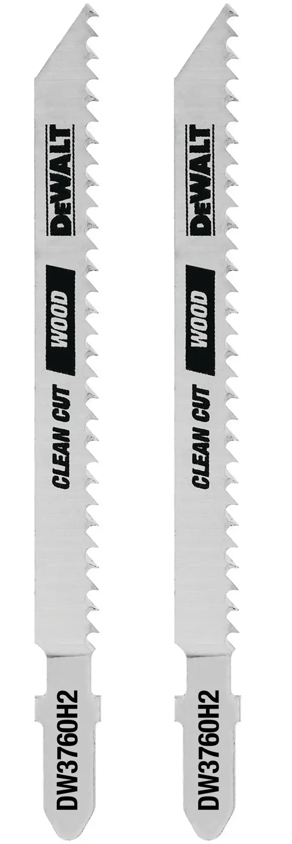 Two DEWALT DW3760H2 jigsaw blades for wood, labeled 'CLEAN CUT' and 'WOOD', shown upright on a white background.